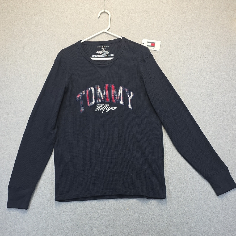 Tommy Hilfiger Navy Waffle Knit Logo Long Sleeve Shirt Men’s Large NWT